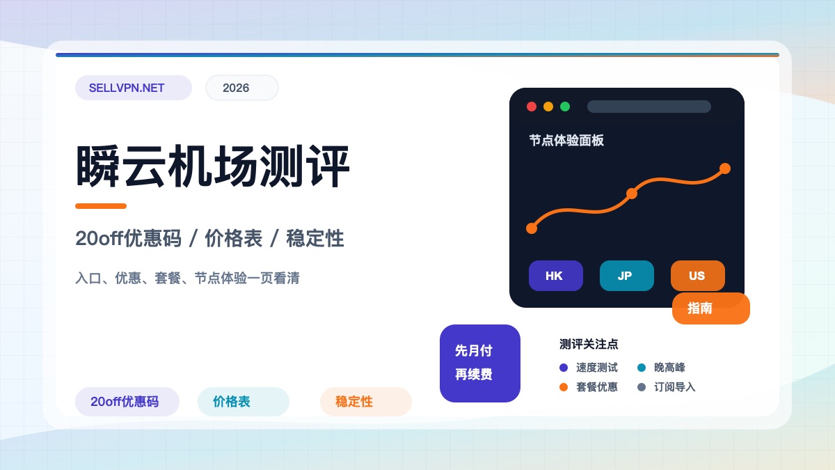 瞬云机场测评封面:优惠码20off、价格表、节点测速与稳定性